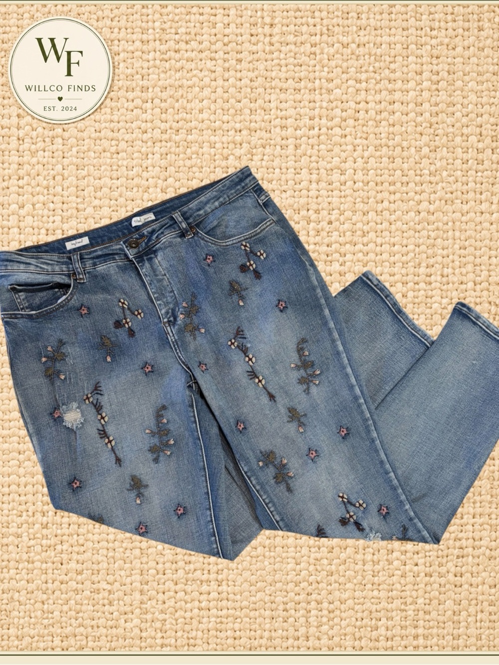 Tribal Jeans Boyfriend Floral Embroidered Distressed Jeans Size 14